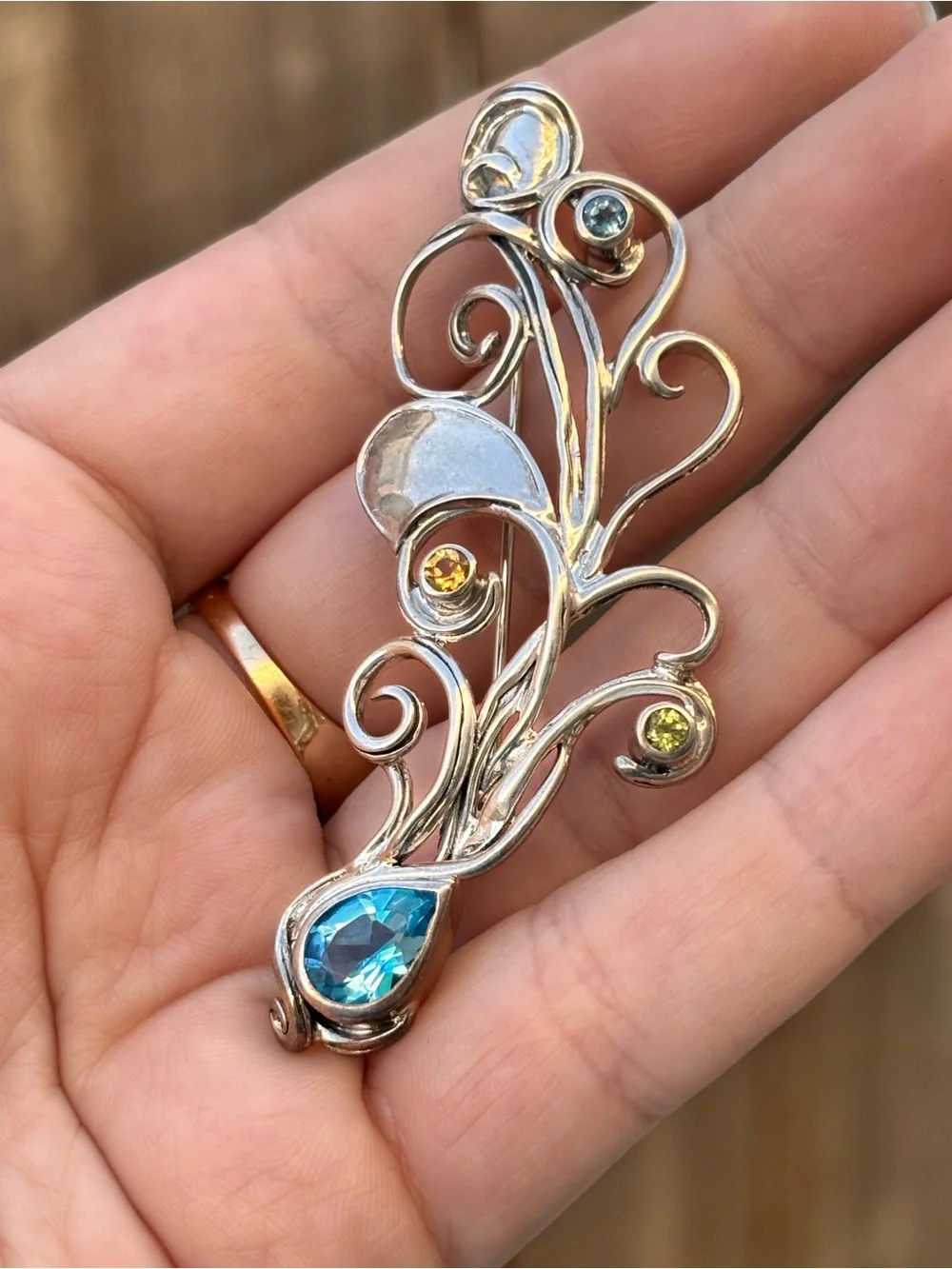 Vintage Designer 925 Sterling Silver & Precious Gemstone Embellished Brooch